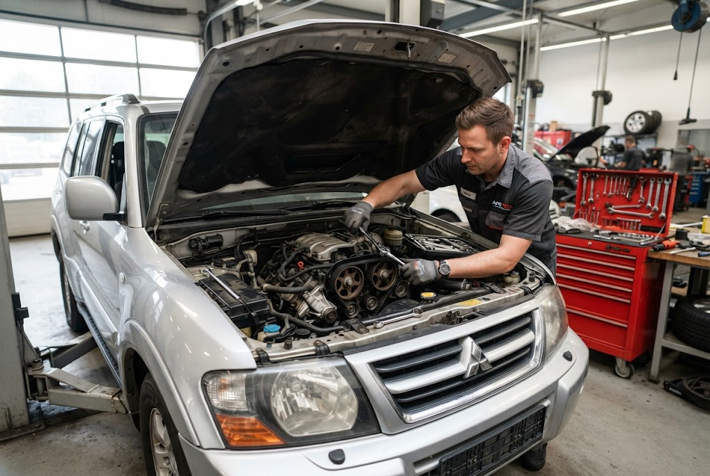 Мастер выполняет профессиональную замену ремня ГРМ на двигателе Mitsubishi Pajero в сервисном центре