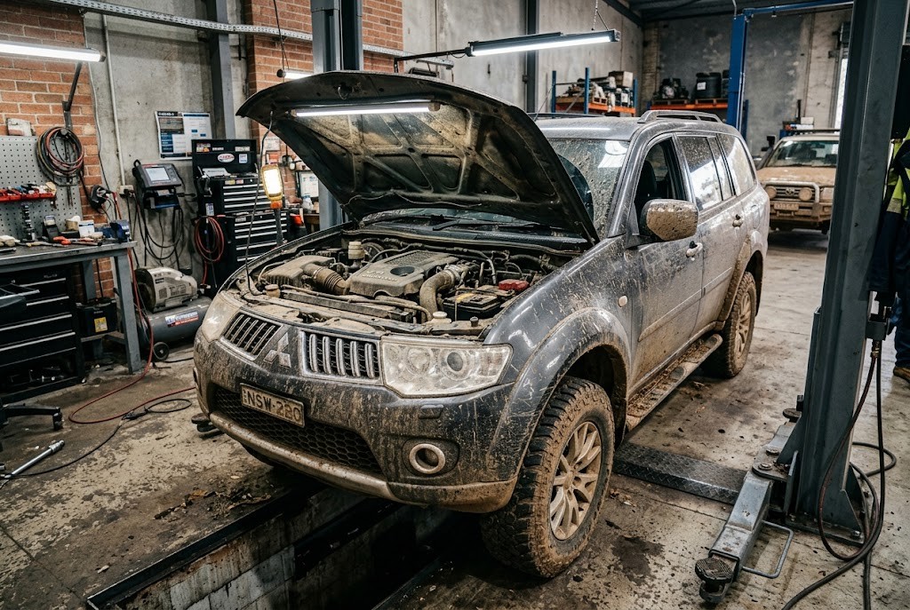 Механик проводит диагностику двигателя и ремонт Pajero Sport в профильном автосервисе